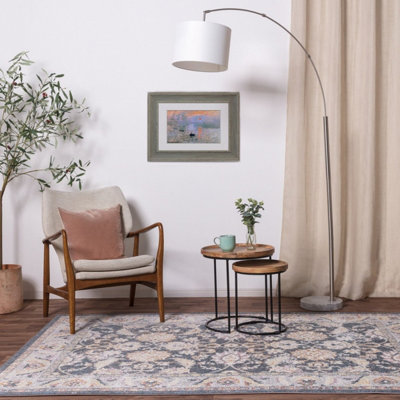 Floral Grey Traditional Persian Abstract Bordered Easy To Clean Rug For Dining Room-120cm X 170cm