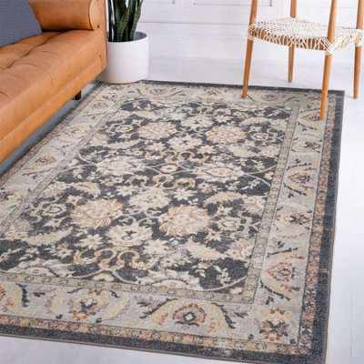 Floral Grey Traditional Persian Abstract Bordered Easy To Clean Rug For Dining Room-160cm X 230cm