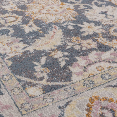 Floral Grey Traditional Persian Abstract Bordered Easy To Clean Rug For Dining Room-160cm X 230cm