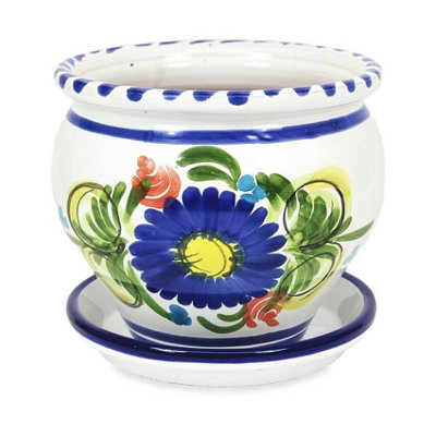 Floral Hand Painted Outdoor Garden Bola Plant Pot & Drainage Plate (D) 25cm
