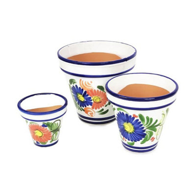 Floral Hand Painted Set of 3 Outdoor Garden Patio Classic Plant Pots (D) 16-29cm