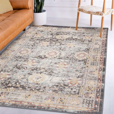 Floral MultiColoured Traditional Abstract Persian Bordered Easy To Clean Rug For Dining Room-120cm X 170cm