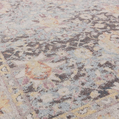 Floral MultiColoured Traditional Abstract Persian Bordered Easy To Clean Rug For Dining Room-120cm X 170cm