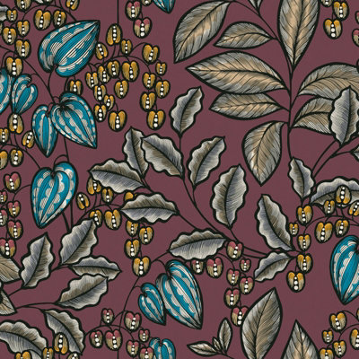 Floral Pattern Wallpaper With Plum Base, Colourful Wallpaper With Flowers And Leaves