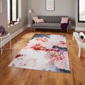 Floral Rose Black Luxurious Modern Abstract Easy To Clean Rug For Living Room Bedroom & Dining Room-120cm X 170cm