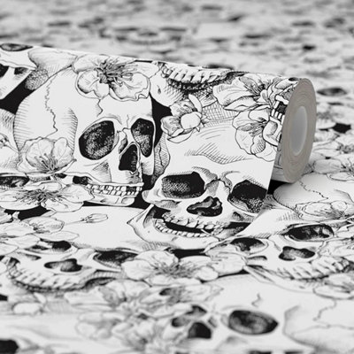 Floral Skulls Wallpaper in Monochrome