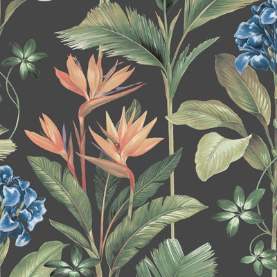 Floral Tropical Palm Leaves Flowers Charcoal Green Belgravia Oliana Wallpaper