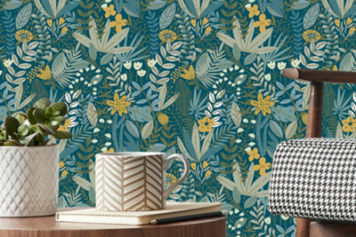 Green, blue and yellow floral print wallpaper.