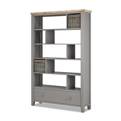 Florence dove grey wooden room divider shelving unit with storage baskets and drawer