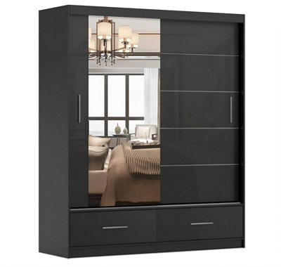 Florence Matt Black Carcass with Glossy Black Front Mirrored Sliding Door Wardrobe W1500mm - Two Drawers and Six Shelves