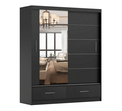 Florence Matt Black Mirrored Sliding Door Wardrobe 1500mm H2350mm D600mm - Functional Storage with Two Drawers and Six Shelves