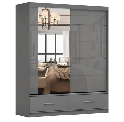 Florence Matt Grey Carcass with Glossy Grey Front Mirrored Sliding Door Wardrobe W1500mm - Two Drawers and Six Shelves