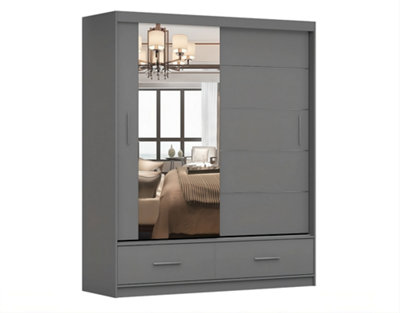 Florence Matt Grey Mirrored Sliding Door Wardrobe W1500mm H2350mm D600mm - Chic Storage Solution with Two Drawers and Six Shelves