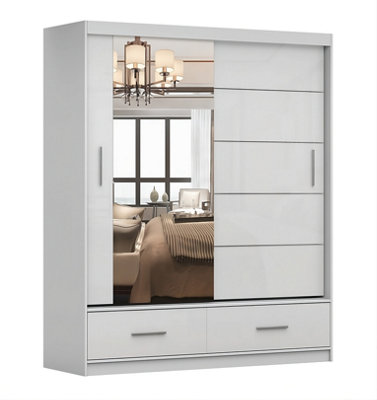 Florence Matt White Carcass with Glossy White Front Mirrored Sliding Door Wardrobe W1500mm - Two Drawers and Six Shelves