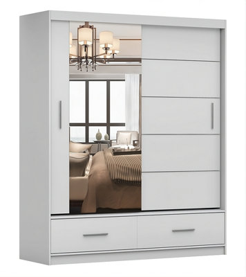 Florence Matt White Mirrored Sliding Door Wardrobe 1500mm H2350mm D600mm - Elegant Storage Solution - Two Drawers and Six Shelves