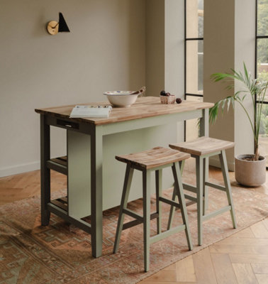 Florence Sage Green Breakfast Bar Kitchen Island with Shelves