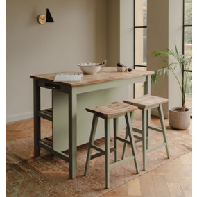 Florence Sage Green Breakfast Bar Kitchen Island with Shelves