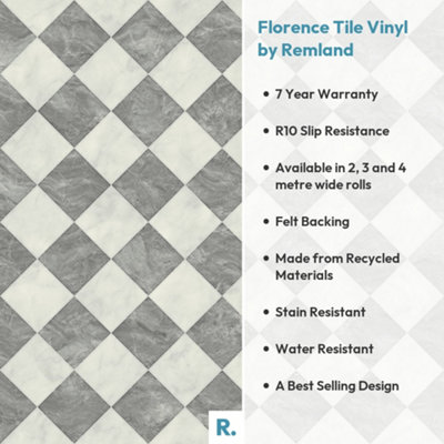 Florence Tile Vinyl by Remland (Grey Tile, 1.00 m x 4.00 m)