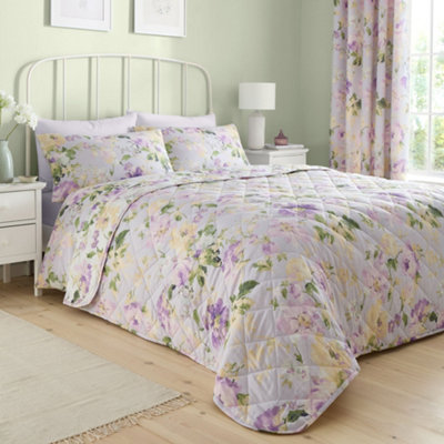 Florette Easy Care Floral Print Quilted Lilac Bedspread