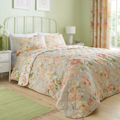Florette Easy Care Floral Print Quilted Natural Bedspread