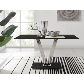 Florini Black Glass And Chrome Metal 6 Seater Dining Table with Statement V Shaped Structural Legs for Modern Minimalist Style