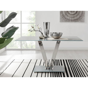 Florini Grey Glass And Chrome Metal 6 Seater Dining Table with Statement V Shaped Legs for Modern Minimalist Dining Room