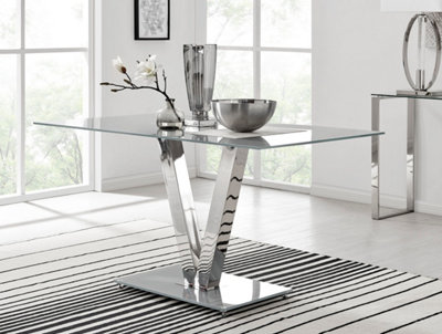 Florini Grey Glass And Chrome Metal 6 Seater Dining Table with Statement V Shaped Legs for Modern Minimalist Dining Room