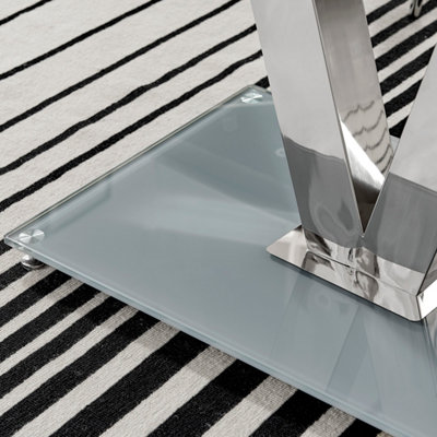 Florini Grey Glass And Chrome Metal 6 Seater Dining Table with Statement V Shaped Legs for Modern Minimalist Dining Room