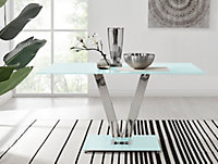 Florini White Glass And Chrome Metal 6 Seater Dining Table with Statement V Shaped Structural Legs for Modern Dining Room