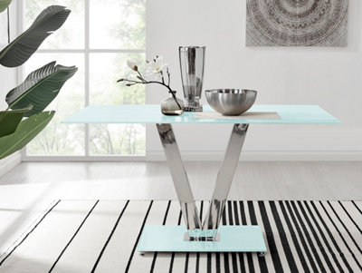 Florini White Glass And Chrome Metal 6 Seater Dining Table with Statement V Shaped Structural Legs for Modern Dining Room