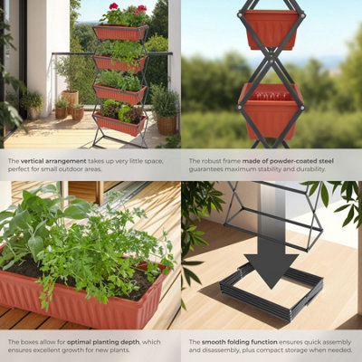 Flower Boxes - raised with 4 planters, vertical arrangement 52 x 21 x 127 cm - brown