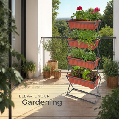 Flower Boxes - raised with 4 planters, vertical arrangement 52 x 21 x 127 cm - brown