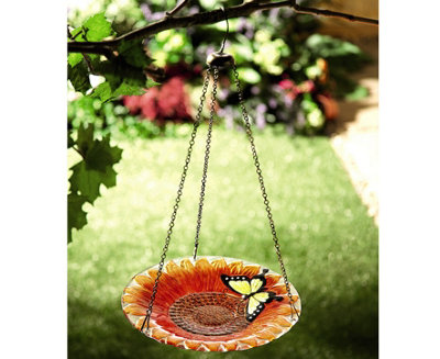 Flower & Butterfly Design Glass Bird Feeder - Outdoor Garden Colourful Hand-Painted Seed Feeding Station - Measures 28cm Diameter