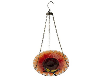 Flower & Butterfly Design Glass Bird Feeder - Outdoor Garden Colourful Hand-Painted Seed Feeding Station - Measures 28cm Diameter
