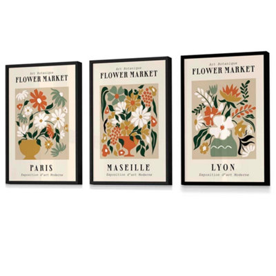 Flower Market Paris Exhibition Wall Art Prints in Neutral Colours / 42x59cm (A2) / Black Frame