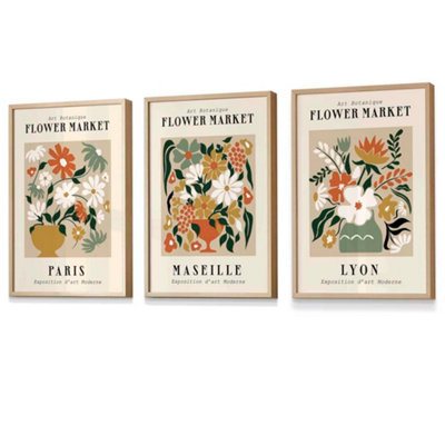 Flower Market Paris Exhibition Wall Art Prints in Neutral Colours / 42x59cm (A2) / Oak Frame