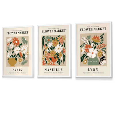 Flower Market Paris Exhibition Wall Art Prints in Neutral Colours / 42x59cm (A2) / White Frame