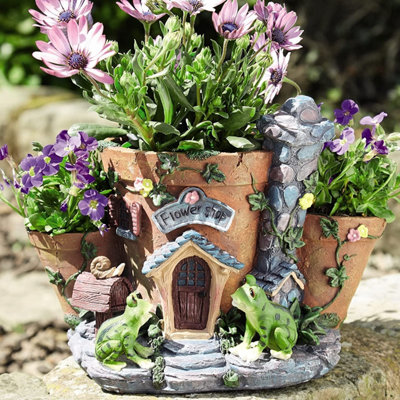 Flower Shop Planter - Weatherproof Fairy House Plant Pot with 3 Terracotta  Style Pots & Drainage Holes -