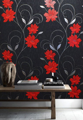 Flower Wallpaper Floral Textured Glitter Effect Metallic Silver Black Grey Red