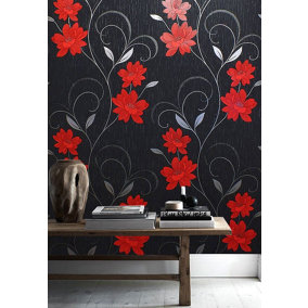 Flower Wallpaper Floral Textured Glitter Effect Metallic Silver Black Grey Red