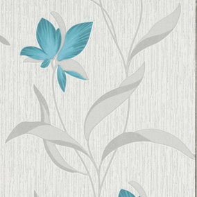 Flower Wallpaper Floral Textured Glitter White Teal Silver Vinyl Erismann