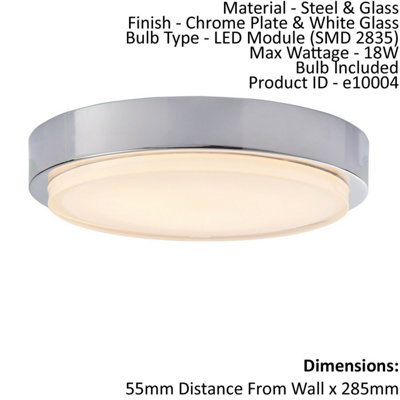 Flush Bathroom Ceiling Light IP44 Chrome Plate & White Glass 18W LED module