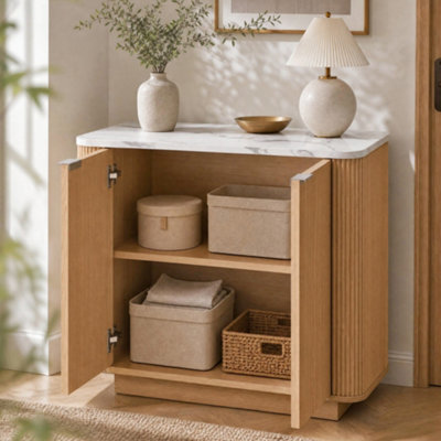 Fluted 2-Door Sideboard Cabinet, Oak Effect with Marble-Effect Top - 80cm