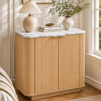 Fluted 2-Door Sideboard Cabinet, Oak Effect with Marble-Effect Top - 80cm