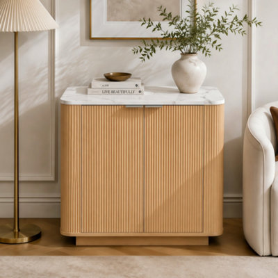 Fluted 2-Door Sideboard Cabinet, Oak Effect with Marble-Effect Top - 80cm