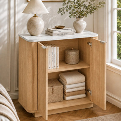Fluted 2-Door Sideboard Cabinet, Oak Effect with Marble-Effect Top - 80cm