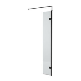 Fluted 8mm Toughened Safety Glass Hinged Return Screen with Support Bar, Black - 300mm - Balterley