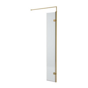 Fluted 8mm Toughened Safety Glass Hinged Return Screen with Support Bar, Brushed Brass - 300mm - Balterley