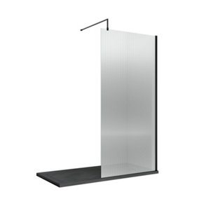 Fluted 8mm Toughened Safety Glass Wetroom Screen & Support Bar, 1850mm x 1000mm - Black - Balterley
