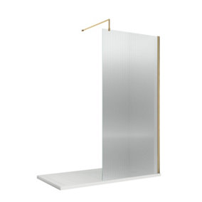 Fluted 8mm Toughened Safety Glass Wetroom Screen & Support Bar, 1850mm x 1000mm - Brushed Brass - Balterley